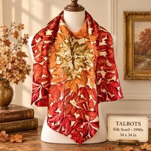 Vintage Talbots Silk Scarf 1990s Fall Leaf Print Rust Gold Square 34x34